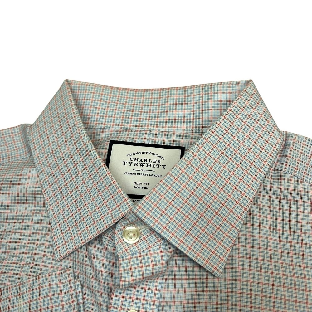 Charles Tyrwhitt Shirt Mens 17/36 Slim Fit Blue Red Plaid Button French‎ Cuff